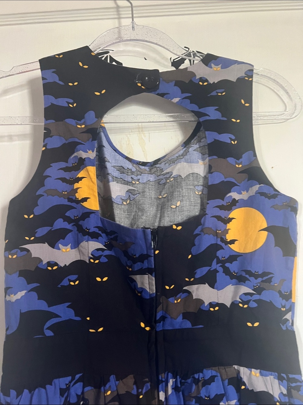 Retrolicious Black and Blue Bat Print Dress with Yellow Moons. - Picture 3 of 6